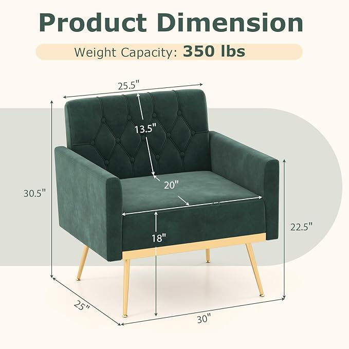 Giantex Modern Velvet Accent Chair - Mid-Century Upholstered Single Sofa Chair w/Button Tufted Back Golden Metal Legs Adjustable Foot Pads Comfy Living Room Armchair for Bedroom Dark Green