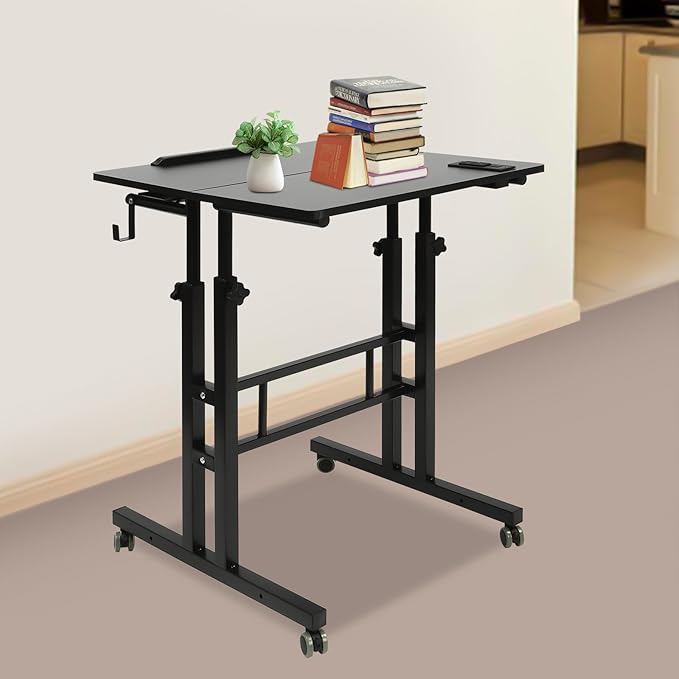 Standing Desk Adjustable Laptop Desk Mobile Stand up Desk with Wheelsfor Standing or Sitting Portable Computer Desk for Home OfficeStudent DormitoriesGame Rooms-Black
