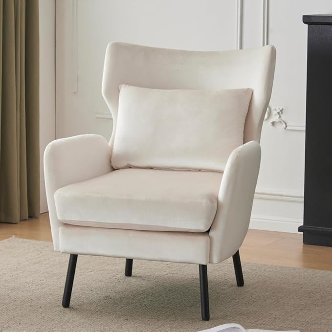 Chair ReclinerWingback Velvet Accent Chair Modern Upholstered Armchair for Living Room Bedroom and Reception Area Comfortable Single Sofa Chair with Metal Legs and Pillow (Beige+Velvet)