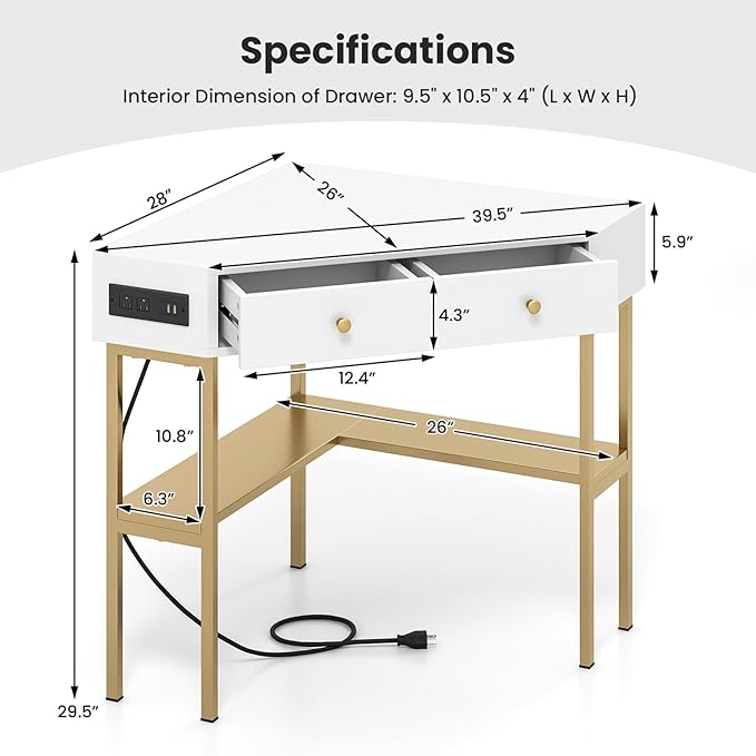 Corner Desk with Charging Station 90° Triangle Desk w/ 2 Drawers Storage Shelves Corner Vanity Table for Bedroom Compact Computer Desk for Small Space
