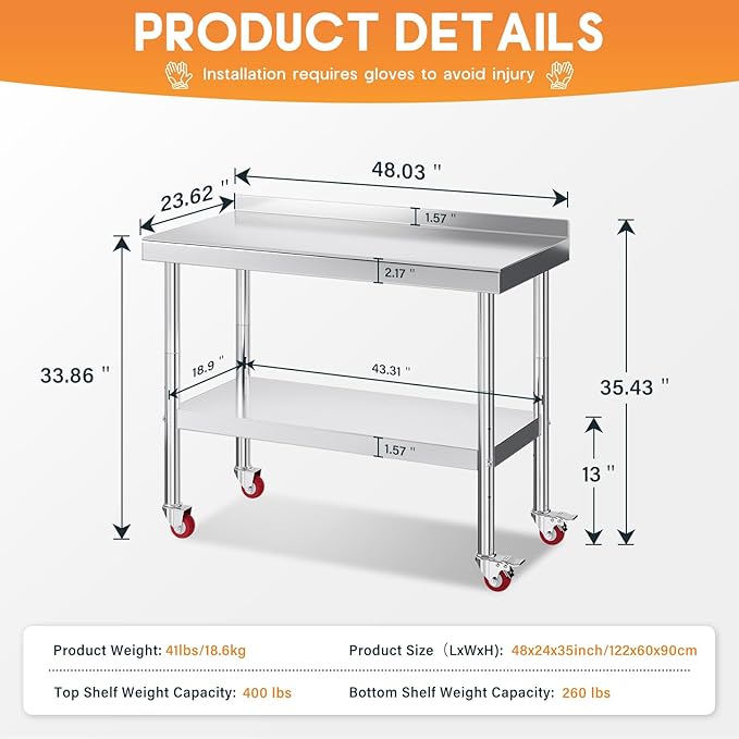 Jocisland 24 x 48 Stainless Steel Table for Prep &amp Work NSF Certified with Backsplash and Wheels Adjustable Under Shelf &amp Safe Design for Restaurant Home and Outdoor