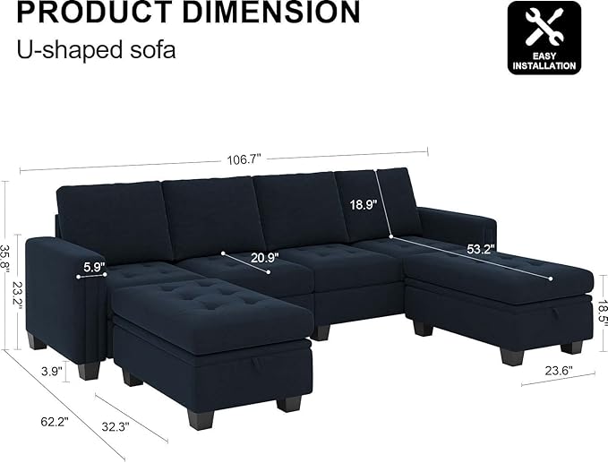 Belffin Velvet U Shaped Sectional Sofa Couch with Storage Ottoman Convertibel Sectional Sofa with Reversible Chaises Blue