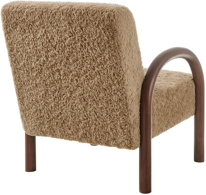 MAKLAINE Contemporary Faux Shearling Accent Armchair Sand Upholstery Solid Wood Frame Arched Armrests High Resiliency Foam Cushion Modern Design for Living Room or Bedroom