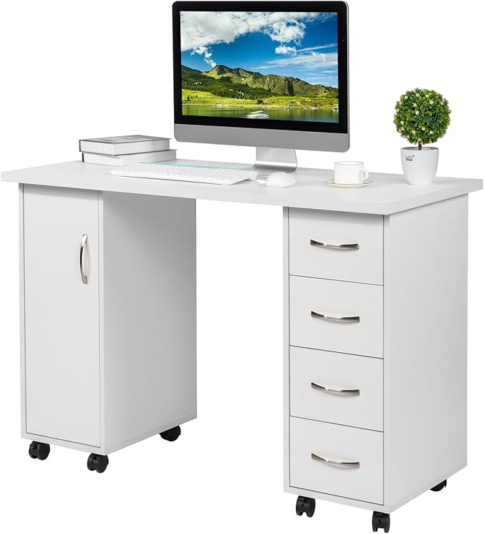 Mobile Computer Desk Rolling Office Table Rolling Computer Desk with Drawers and Door Home Office Desk Writing Table Executive Desk Student Desk with File Drawer for Bedroom White 110 x 45 x 80CM