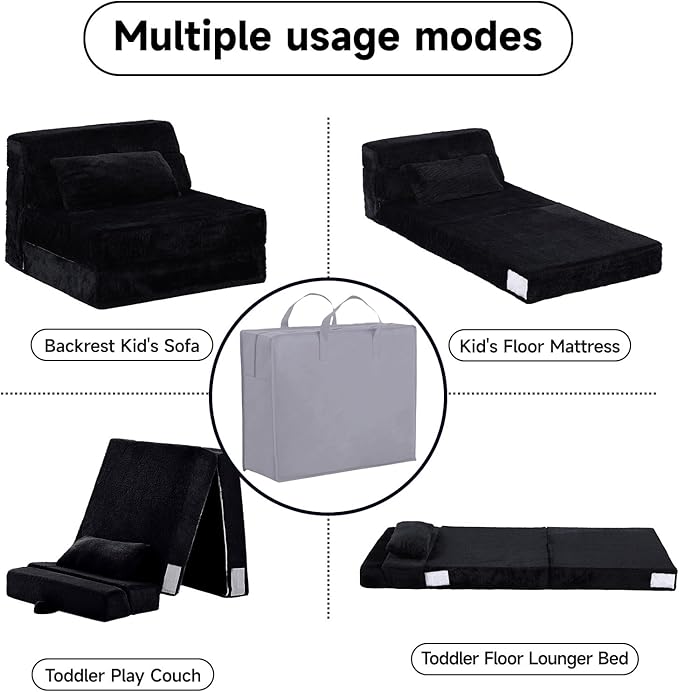 Tiita Convertible Folding Kids Sofa Bed with Pillow &amp Storage Bag Plush Fabric Floor Mattress Couch Bed Washable Cover Kids Room Playroom Dorm Apartment Black