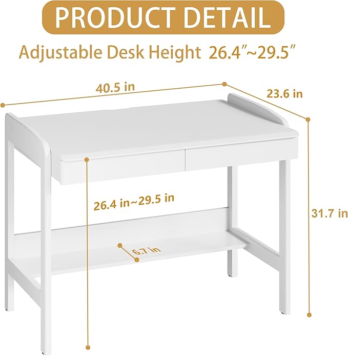 100% Solid Wood Desk with Drawers - 40 Inch Simple Modern Desks Writing Desk with Drawers &amp Shelf Work Study Table Adjustable Height Home Office Computer Desks - White