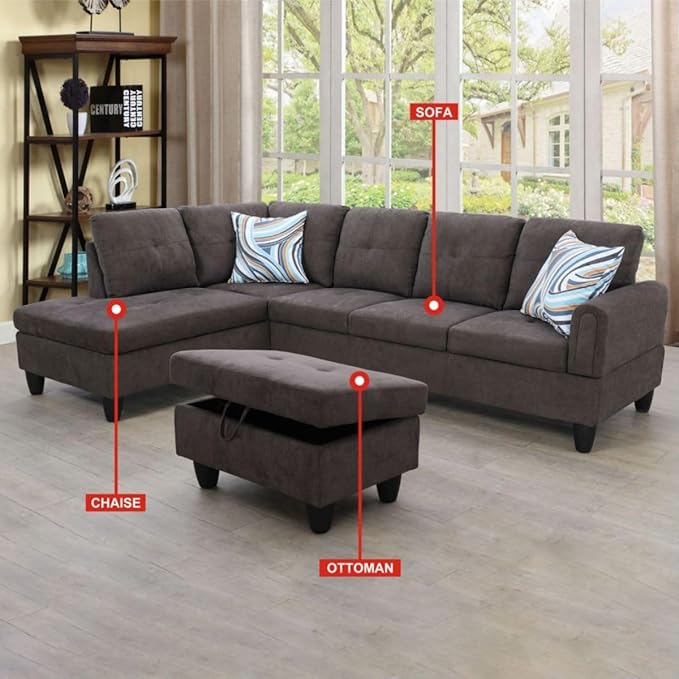Dark Brown L-Shaped 3-Piece Flannel Sofa with Storage Ottoman Set Sectional Couch Sofa Set for Living Room Office Small Space