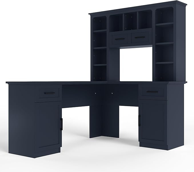 L-Shaped Home Executive Desk with 2 Cabinets and 2 Drawers Computer Desk with Power Outlet 11 Open Shelves and 1 Right Flip Shelf with Storage for Study Living Room and Office (Antique Blue-02)