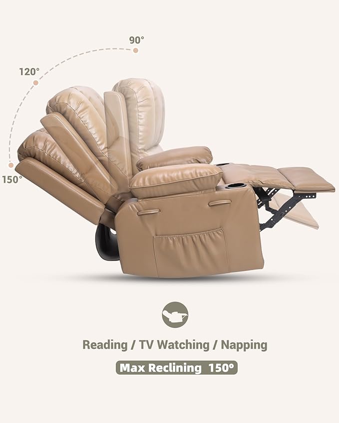 22 in Leather Recliner Chair for Adults Overstuffed Manual Recliner Chair Single Sofa with Cup Holder and Side Pockets Upholstered Chair for Living Rooms Tan