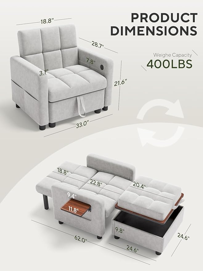 Convertible Sleeper Chair 3 in 1 Pull Out Sofa Bed | Single Sofa Bed with Storage Ottoman and Adjustable Backrest | Reading Chair with Foldable Table &amp USB Port White