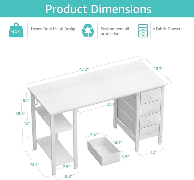 Lufeiya White Desk with Drawers &amp Storage Shelves 47 Inch Study Work Writing Desk for Home Office Bedroom Simple Modern Cute PC Computer Desks Table White