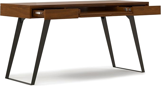 SIMPLIHOME Lowry Desk - 54 Inch Wide Solid Walnut Veneer and Metal Writing Desk Modern Industrial Home Office Computer Table for Workspace with 2 Drawers and Flip-Down Keyboard Tray