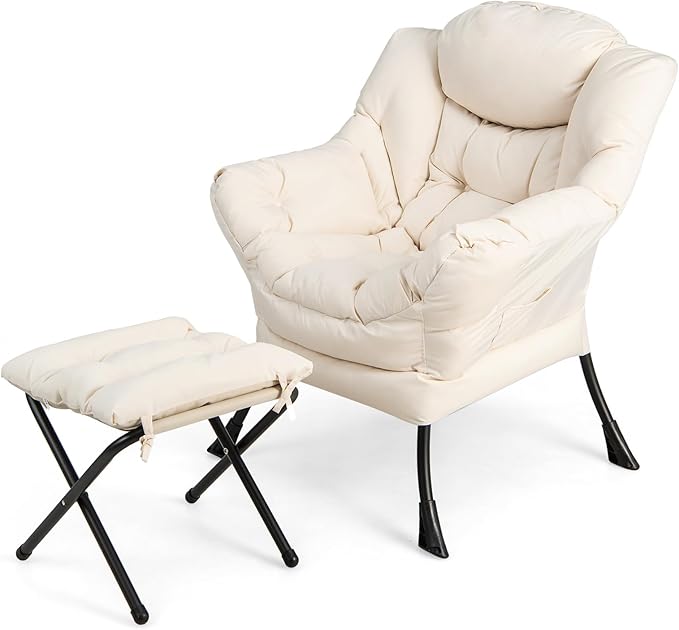 KOMFOTT Lazy Chair with Ottoman Leisure Upholstered Reading Sofa Chair with Armrests &amp Side Pocket Modern Lounge Accent Chair with Folding Footrest for Living Room Bedroom Balcony Beige