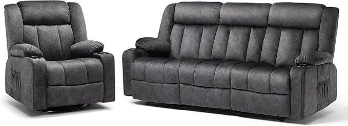 COMHOMA Manual Recliner Chair SetFabric Reclining Sofa Chair with Cup Holders Upholstered Recliner with Side Pockets Suitable for Living Room Furniture (3+1)