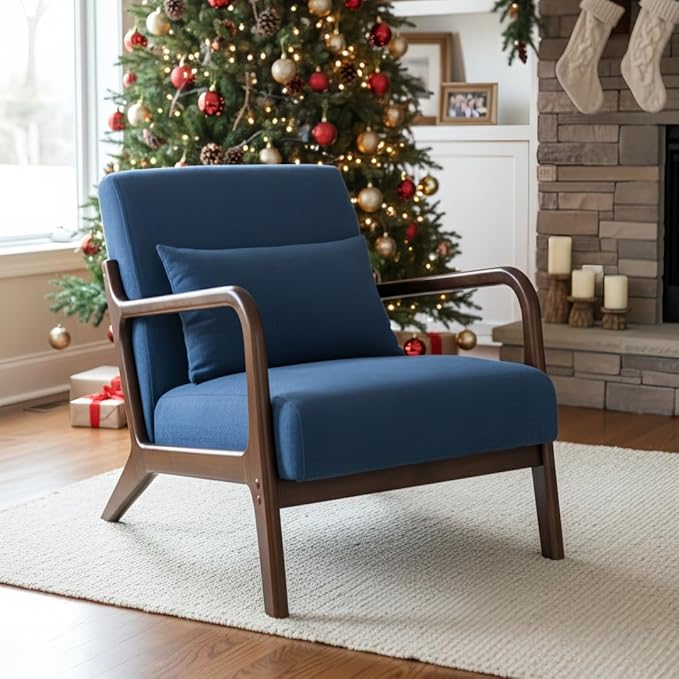 Modern Accent Chair Cotton Linen Fabric Upholstered Lounge Armchair with Solid Wood Frame for Living Room Bedroom Reading Nook (Blue)