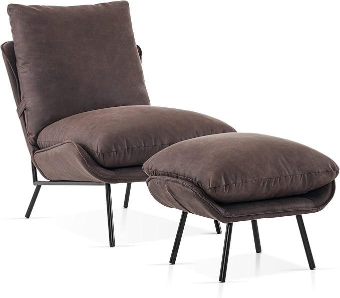 MCombo Modern Accent Chair with Ottoman Leathaire Fabric Armless Chair Upholstered Leisure Chairs for Small Space Living Room &amp Bedroom LW951 (Dark Brown)