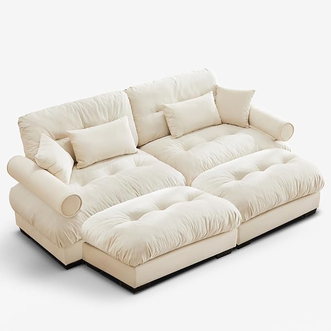 93.7 Modern Oversized Modular Sectional Sofa 2-Seater Loveseat L-Shaped Cloud Couch with 2 OttomansPillows and Overthick Cushion for Living RoomHome TheaterApartmentVelvetBeige