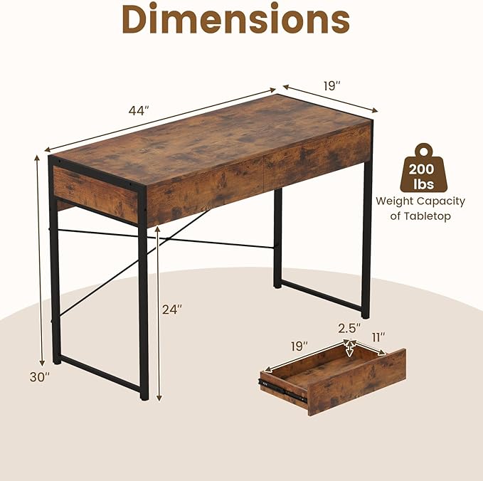 Giantex Computer Desk with 2 Drawers 44 Inch Home Office Desk with Anti-Toppling Device &amp Metal Frame Compact Laptop PC Table Vanity Table Modern Study Writing Desk for Small Spaces (Rustic Br