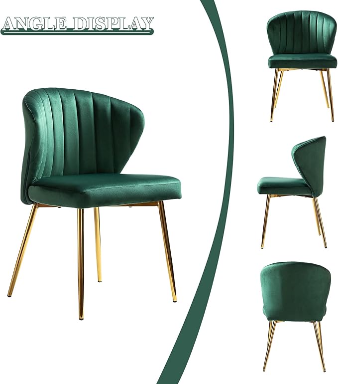 HULALA HOME Velvet Dining Chair Cute Armless Accent Chair Living Room Chair with Golden Legs Mid Century Modern Upholstered Side Chair for Kitchen Vanity Green