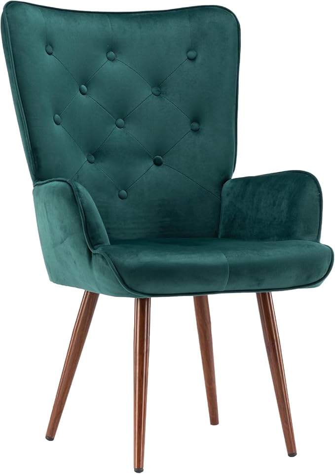 UNICOO - High Wingback Living Room Chairs Vintage Button Wingback Chair Velvet Side Chair Leisure Chair Wingback Reading Chair for Living Room Bedroom Waiting Room (Dark Green)