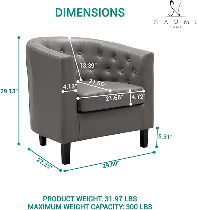 Naomi Home Emma Faux Leather Armchair Set of 2 Modern Tufted Barrel Accent Chairs with Wooden Legs Wide Seat &amp Supportive Back for Living Room Bedroom or Office – Gray