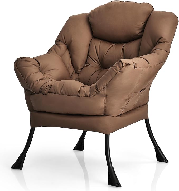 Giantex Modern Lazy Chair Accent Contemporary Lounge Chair Polyester Fabric w/Steel Frame Upholstered Single Sofa Chair w/Armrests &amp Side Pocket Leisure Sofa Chair (Brown)