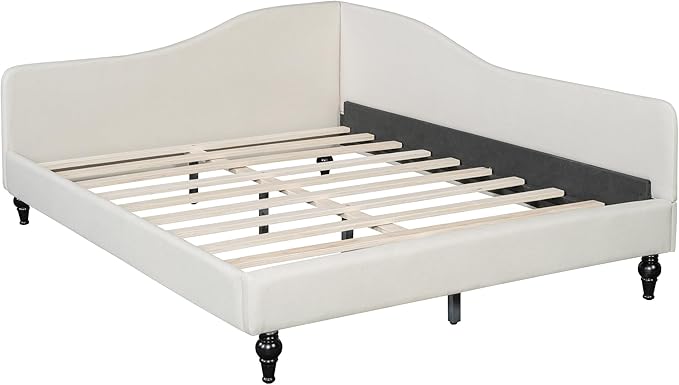 Merax Full Size Bed Frame daybed L-Shaped Linen Daybed Corner Sofa with Solid Wood Legs for Living Room Guest Room No Box Spring Needed Beige