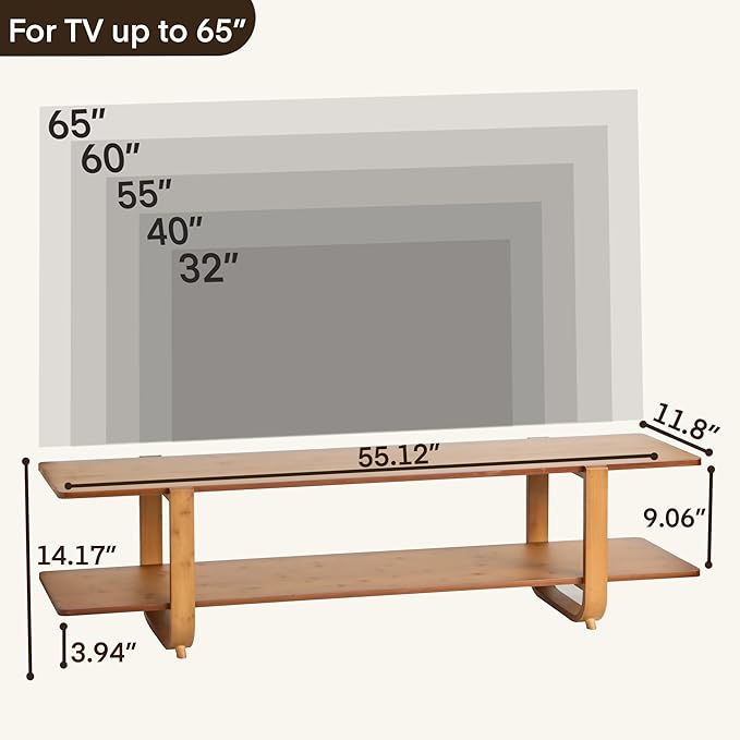 Bamboo TV Stand for TVs up to 65 Media TV Console Table with Storage Accent Entertainment Center with Shelf Modern TV Stand for Living Room Bedroom 55(L) Walnut