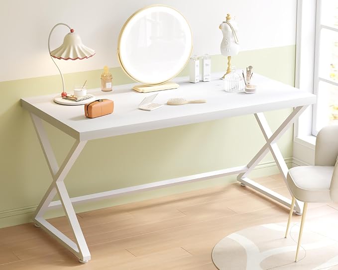 IBF White Computer Desk Modern Home Office Desk for Writing Work Study Simple Wooden Metal Pc Gaming Desk in Bedroom Executive Laptop Workstation Computer Table White Oak 55 Inch