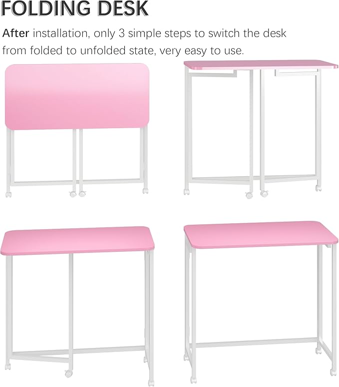 4NM 27.5 Mobile Small Rolling Computer Desk Folding Laptop Cart Table with Wheels Portable Office Desk for Small Space Couch Bed - Pink and White