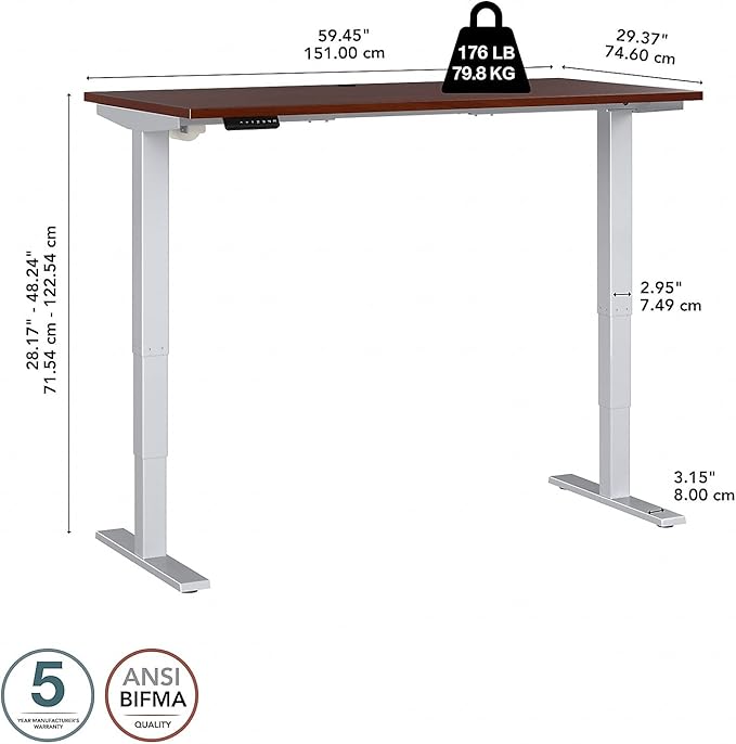 Bush Business Furniture 60-inch Electric Height Adjustable Standing Desk Ergonomic Sit-Stand Computer Table for Home and Professional Office Move 40 Series Hansen Cherry with Metallic Gray Base