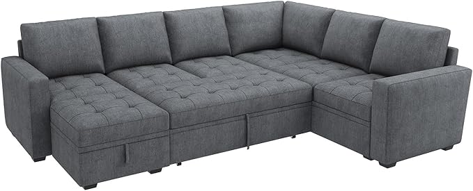 HONBAY Modular Sectional Couch with Pull Out Bed Sleeper Sofa with Storage U Shaped Modular Sectional Couches for Living RoomWarm Bluish Grey
