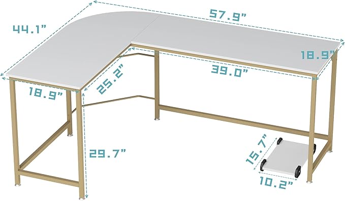 Teraves Reversible L Shaped Desk White - 57.9 Corner Gaming Computer Desk Office Workstation Modern Home Study Writing Wooden Table