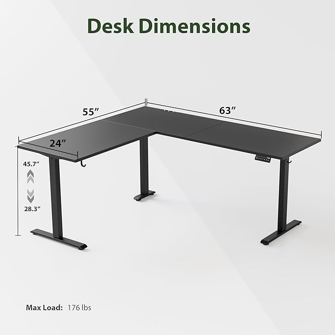 Agilestic L Shaped Standing Desk Adjustable Height Electric Corner Standing Desk 63 x 55 inch Sit Stand Computer Table with Splice Board Gaming Table Black