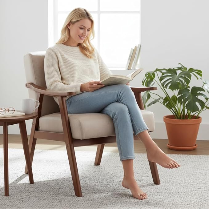 Mid-Century Modern Accent Chair with Wooden Frame High-Density Sponge Cushion 300 lbs Capacity Living Room Bedroom Office Chair 26x31.1x32.3 Inches (Fabric Light Camel)