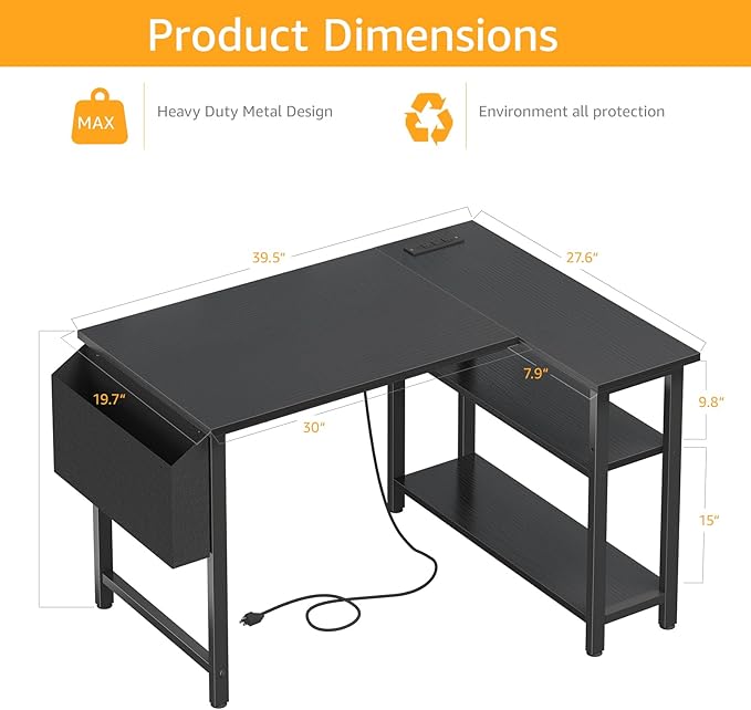 DLisiting Small L Shaped Gaming Desk with Shelves 40 Inch Small Corner Computer Gaming Desk for Boys Teens Bedroom Study Work PC Desks for Home Office Bedroom Black