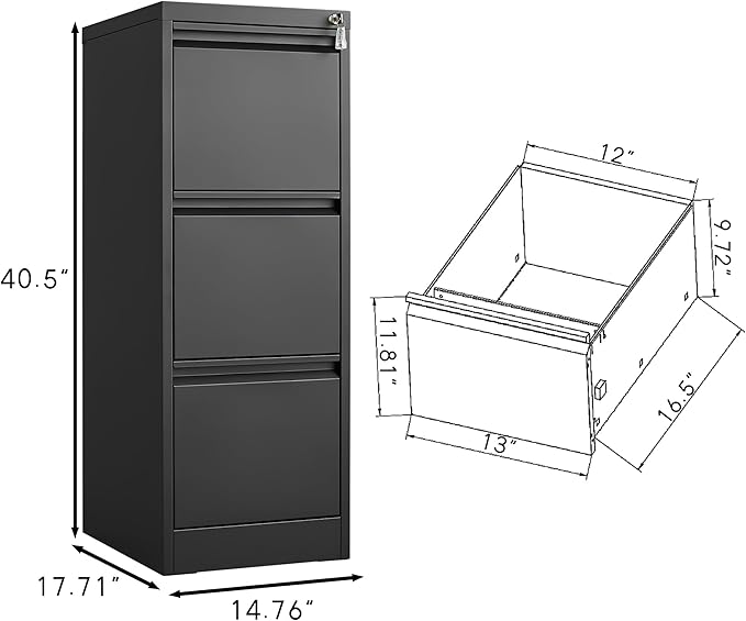 3 Drawer File Cabinet with Lock Metal Vertical Storage Cabinet for Home Office Narrow Steel File Organizer for Letter and Legal Size Documents (Black)