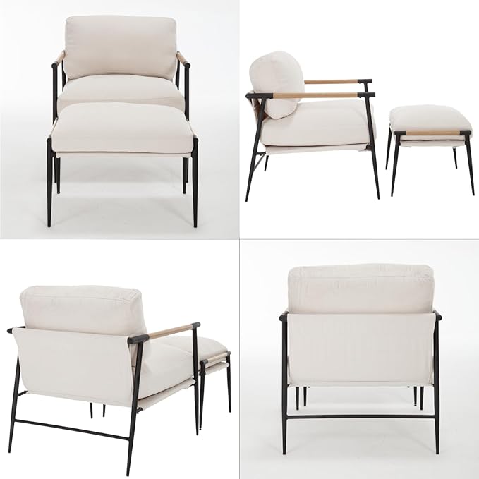 DUOMAY Mid Century Modern Accent Chair with Ottoman Set Chenille Beige Upholstered Living Room Chair with Metal Legs Lazy Lounge Chair Set with Footrest for Bedroom Living Room