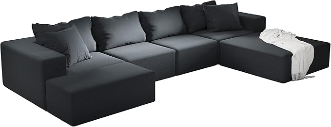 Yoglad 132 Modern L-Shape Sectional Upholstery Sofa 6 Seat Freedom Combination Living Room Sofa Comfy Deep Seat Floor Furniture with 6 Pillows for Living Room Office (Chenille Black)