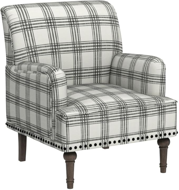 HULALA Home Modern Accent Chair with Retro Wooden Legs &amp Nailhead Trim Comfy Upholstered Armchair Single Sofa for Living Room Bedroom (Plaid Black)