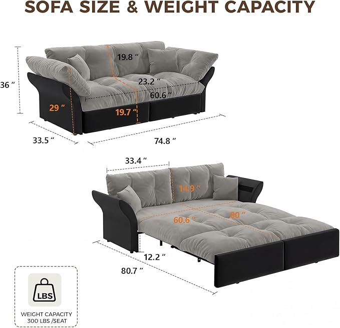 74.8 Queen Pull Out Couch BedVelvet Convertible Pull-Out Sofa Bed with Side Pockets3-in-1 Queen-Size Sleeper SofaSleeper Loveseat for Living RoomApartmentOffices (Grey)
