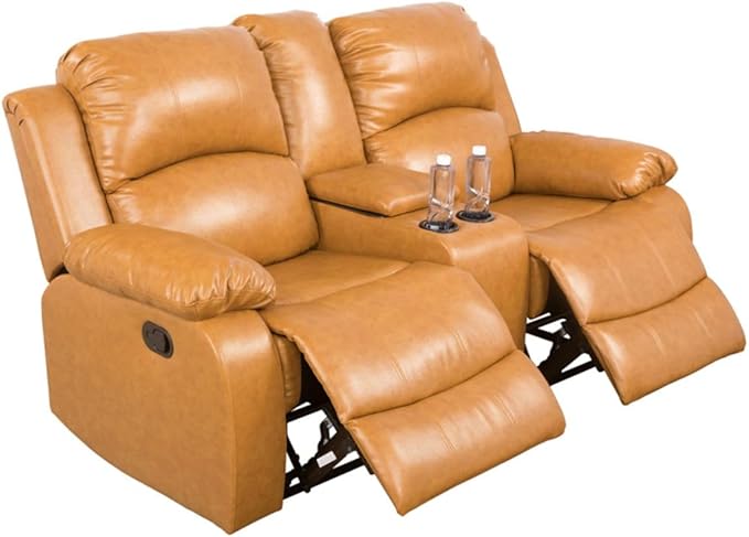 2 Seaters Recliner Loveseat Leather Reclining Couch with Cup Holder and Center Console for Living Room/Apartment/Office Ginger