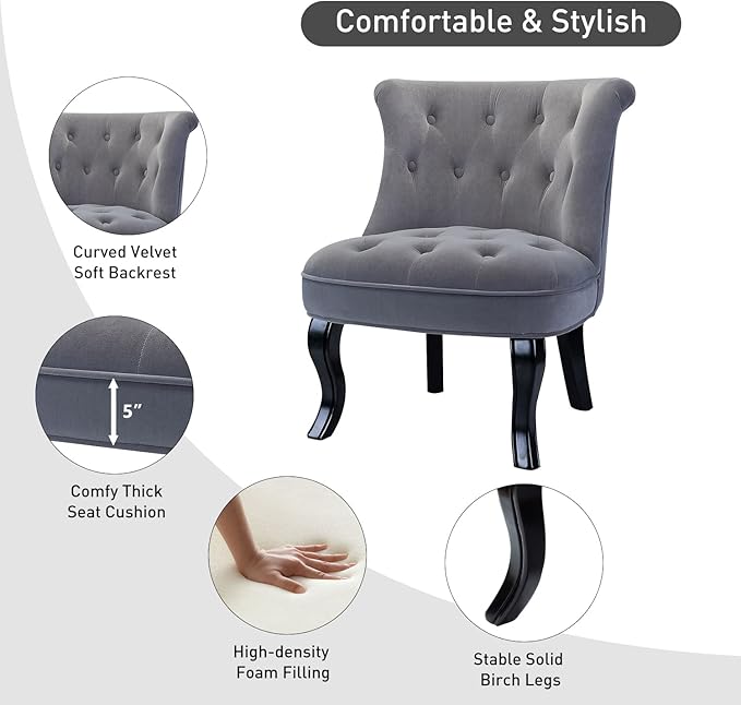 HULALA Home Velvet Accent Chair Set of 2 Modern Upholstered Fabric Armless Wingback Chair with Solid Wood Legs Comfy Tufted Vanity Club Chair for Reading Living Room Bedroom Guest Room Grey