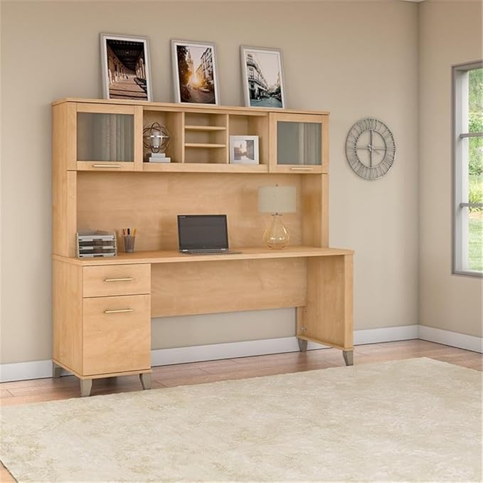 Pemberly Row 72W Office Desk with Hutch Maple Cross Finish Spacious Work Surface Frosted Glass Doors Adjustable Shelves Full-Extension File Drawer Home Office Desk for Storage and Organization