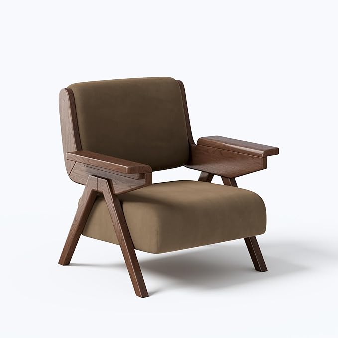 Accent Chair Mid Century Modern Chair Velvet Upholstered Lounge Arm Chair with Solid Wood Cozy Reading Chair for Living Room Bedroom Balcony (Coffee Single Chair)