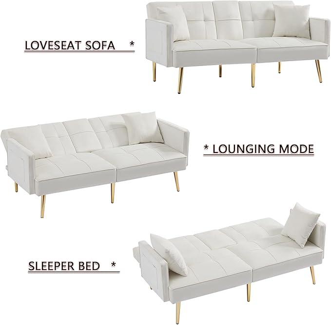 Velvet Futon Sofa Bed with Cup HolderVelvet Small Loveseat Sleeper Bed Modern Folding Sleeper Couch with 2 Pillows and 6 Gold Metal Legs for Living Room. (Off-White)