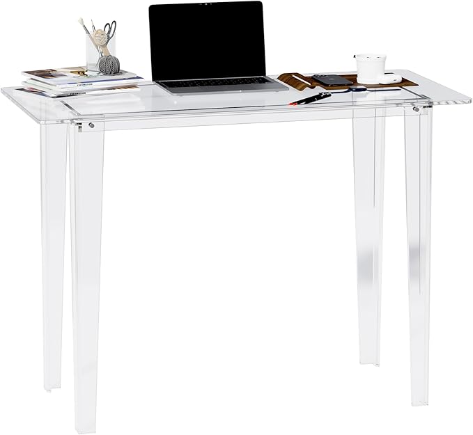Acrylic Desk - Clear Acrylic Table Modern Home Office Study Table Extended Surface Multi-Purpose Console Sturdy Lightweight Workstation for Small Spaces (Transparent-L)