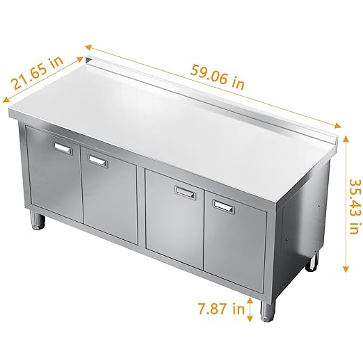 WWK 59 x 21 Stainless Steel Prep Table with Cabinet Commercial Kitchen Table for Prep &amp Work Heavy Duty Work Table with 4 Doors for Kitchen Restaurant Hotel Garage and Cafe