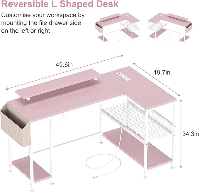 Jojoka L Shaped Computer Desk with Power Outlets &amp LED Light 49.6 Reversible Corner Computer Desk with Storage Shelves &amp Monitor Stand Home Office Desk Gaming Desk Writing Desk (Pink)