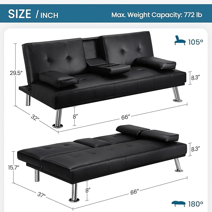 Convertible Folding Futon Sofa Bed with Metal Legs &amp 2 Cupholders Modern New Upholstered Couch Loveseat Sleeper Folding Couches Bed Removable Armrests for Small Spaces (Black)